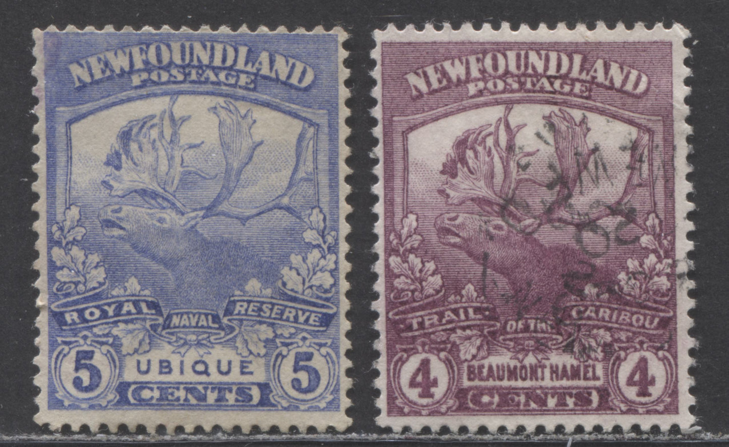Lot 89 Newfoundland #118b, 119 4c, 5c Mauve, Ultramarine Beaumont Hamel, Ubique, 1919 Trail Of The Caribou Issue, 2 F-VF Used Singles With Kiss Print, Extensive Doubling