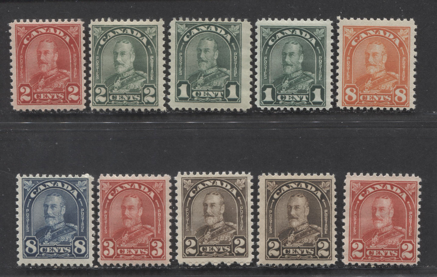 Lot 115 Canada #163-167, 171, 172 1c/8c Deep Green/Red Orange King George V, 1930-1931 Arch/Leaf Issue, 10 FNH Singles
