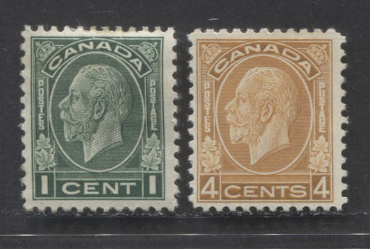 Lot 237 Canada #195, 198i 1c, 4c Dark Green & Brownish Ochre King George V, 1932 Medallion, 2 VFOG Singles With Cream Gums