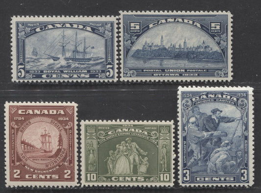 Lot 37 Canada #202, 204, 208-210 3c-20c Blue - Brown Red Various Subjects, 1933-1934 UPU Meeting - New Brunswick, 5 FNH Singles