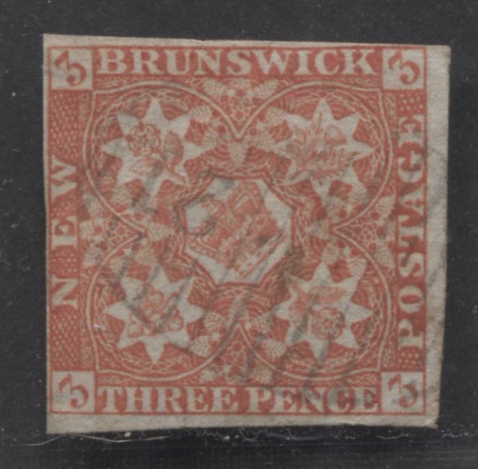 Lot 3 New Brunswick #1a 3d Dark Red, 1851 Pence Issue, A Very Good Used Single With Close Margins At Top But Clear