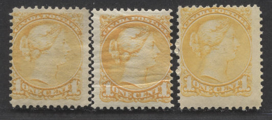Lot 99 Canada #35i 1c Yellow Queen Victoria, 1870-1893 Small Queen Issue, 3 VGOG Singles On Horizontal & Vertical Wove Papers, 1886-1888 Montreal Printings, Perfs 12.1 x 12.2, 12.1 x 12.25 & 12.1