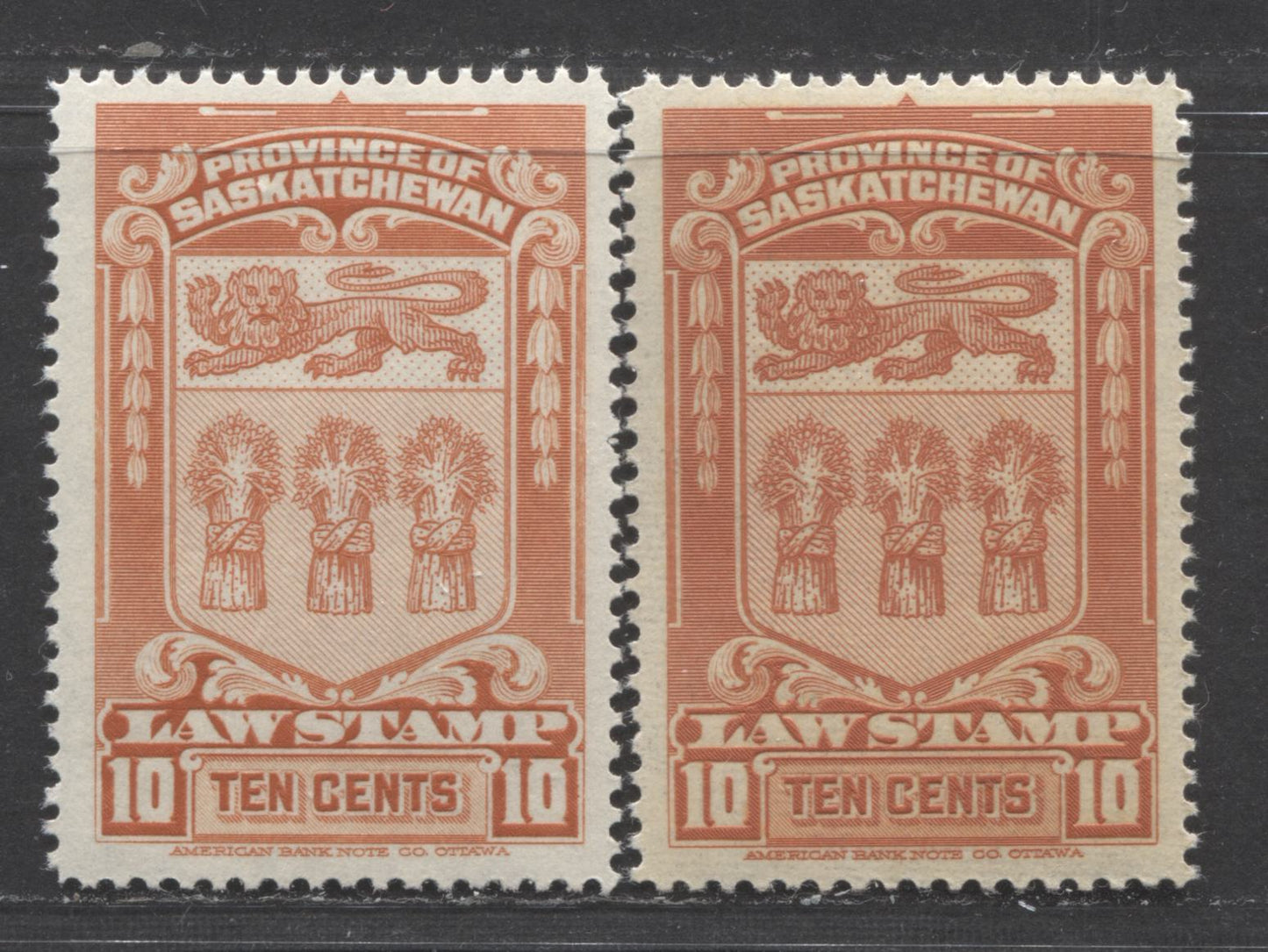 Saskatchewan #SL46-46a 10c Orange Red Coat Of Arms, 1938 Saskatchewan Law Issue, 2 VFNH Singles On Smooth & Ribbed Papers