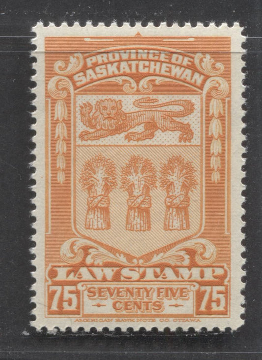 Saskatchewan #SL50 75c Orange Coat Of Arms, 1938 Saskatchewan Law Issue, A VFNH Single
