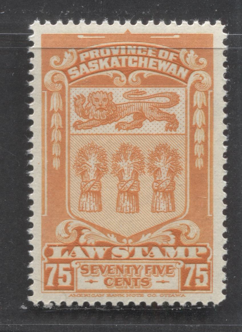 Saskatchewan #SL50 75c Orange Coat Of Arms, 1938 Saskatchewan Law Issue, A VFNH Single