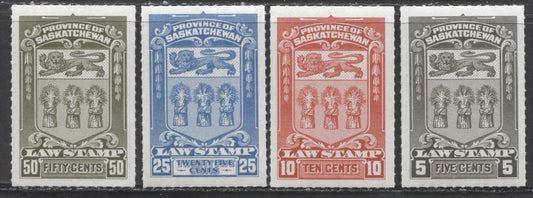 Saskatchewan #SL68-71 5c-50c Sepia-Olive Green Coat Of Arms, 1968 Saskatchewan Law Issue, 4 VFNH Singles With Roulettes
