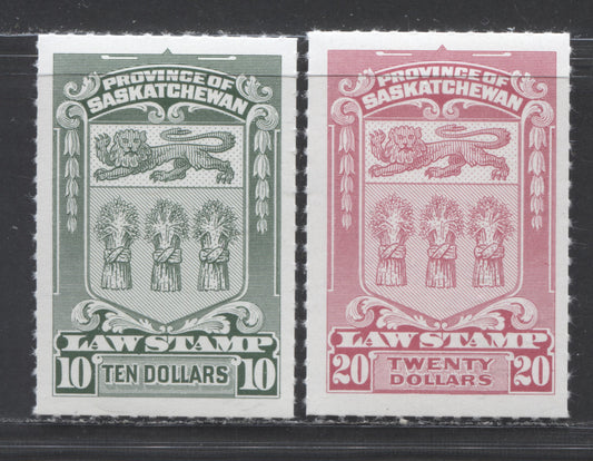 Saskatchewan #SL76-77 $10-$20 Green-Rose Carmine Coat Of Arms, 1968 Saskatchewan Law Issue, 2 VFNH Singles With Roulettes