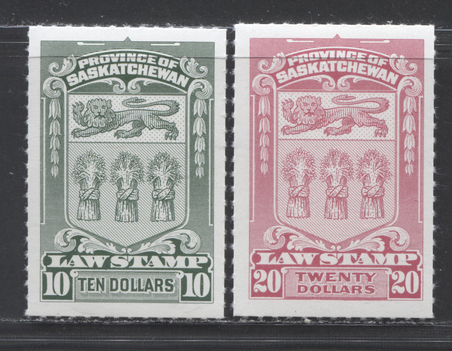 Lot 116 Saskatchewan #SL76-77 $10-$20 Green-Rose Carmine Coat Of Arms, 1968 Saskatchewan Law Issue, 2 VFNH Singles With Roulettes