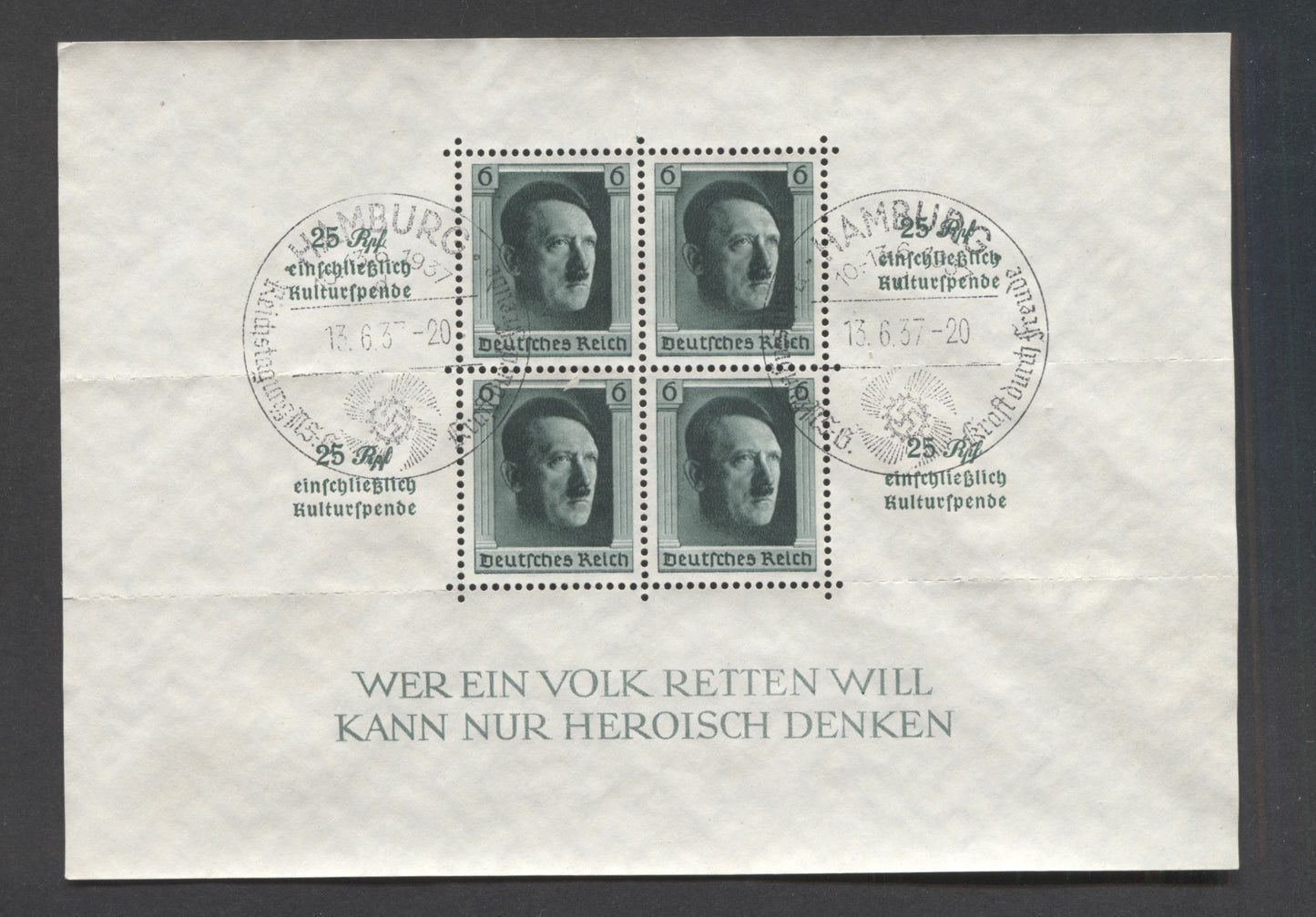 Germany SC#B104 6pf Blackish Blue Green 1937 48th Birthday Of Adolf Hitler Souvenir Sheet, Perforated & Rouletted With Hamburg Cancel, A Very Fine Used Example, Click on Listing to See ALL Pictures