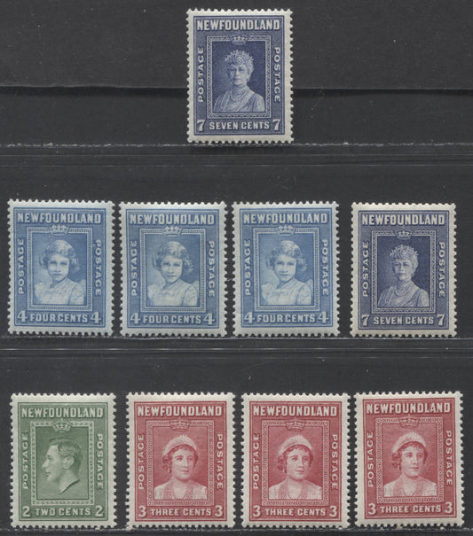 Newfoundland #245-248 2c-7c Green-Dark Ultramarine King George VI - Queen Mary, 1938 Royal Family Issue, 9 VFNH Singles With Different Perfs