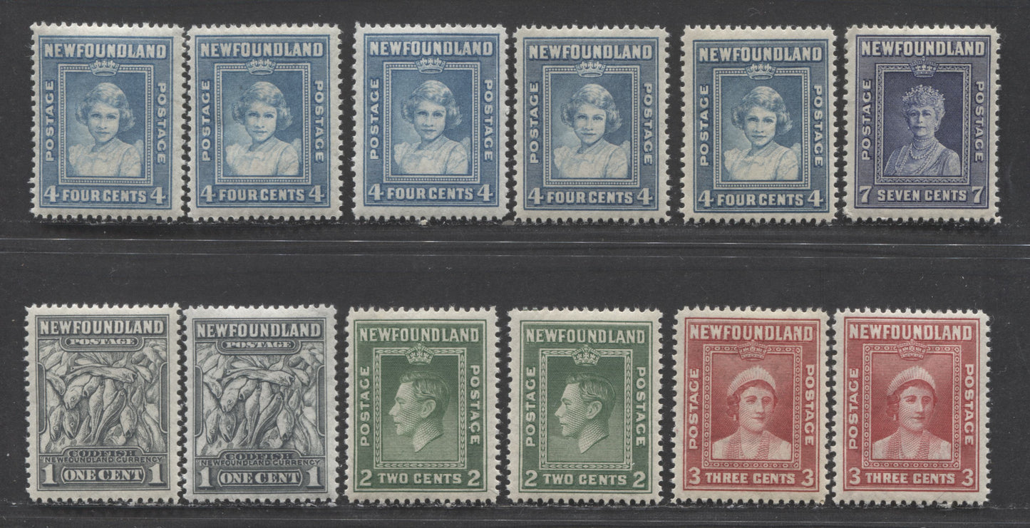 Newfoundland #253/258 1c-7c Dark Gray - Violet Blue Codfish - Queen Mary, 1941-1944 Second Resource Issue, 12 VFNH Singles With Different Line Perfs, Missing #257