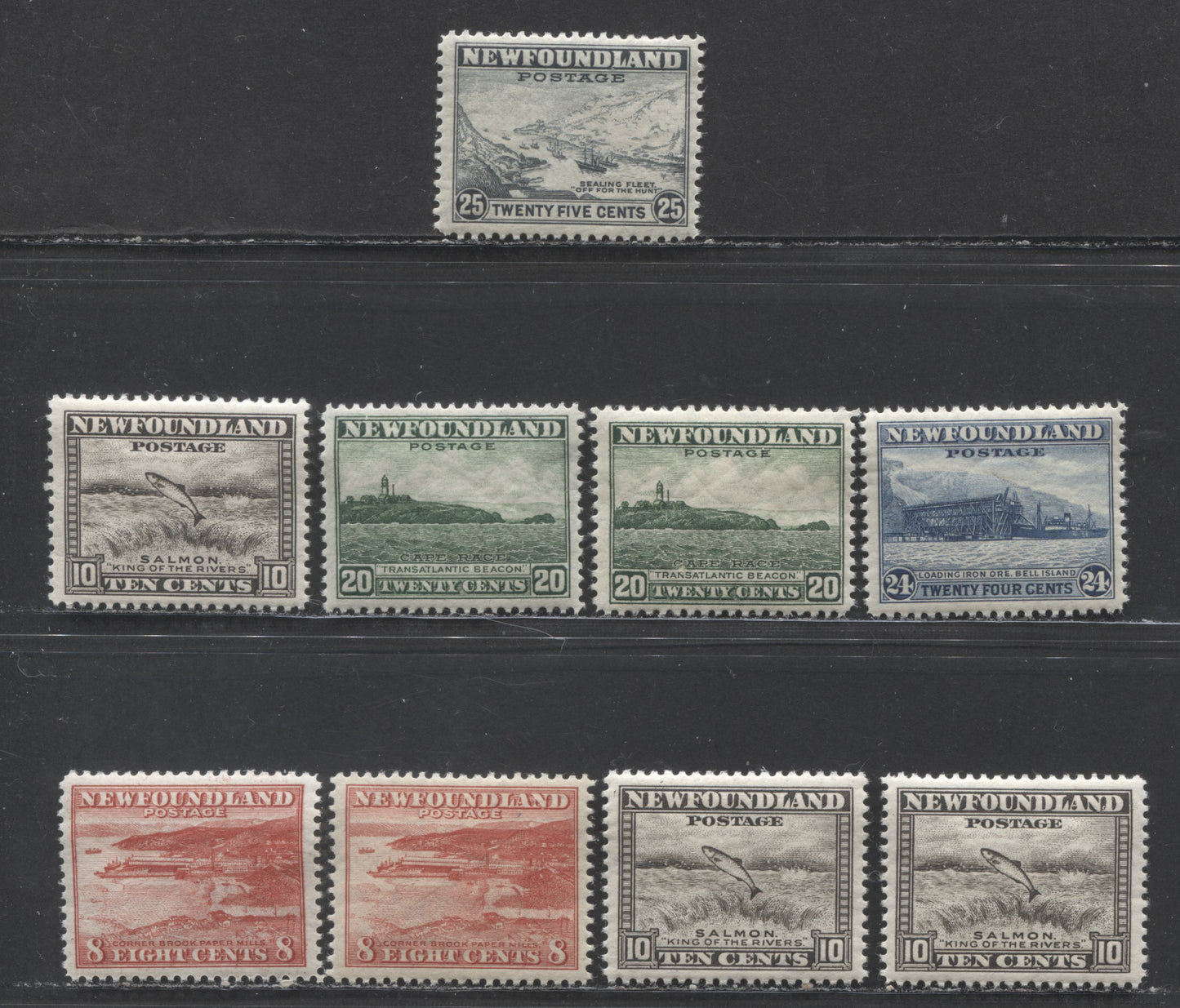 Lot 118 Newfoundland #259-260, 263-265 8c,25c Red, Slate Corner Brook Paper Mill, Sealing Fleet, 1941 - 1944 Definitive  Re-Issues Waterlow Printings, 9 VFNH Singles Diffferent Line Perfs, Different From Other Lots