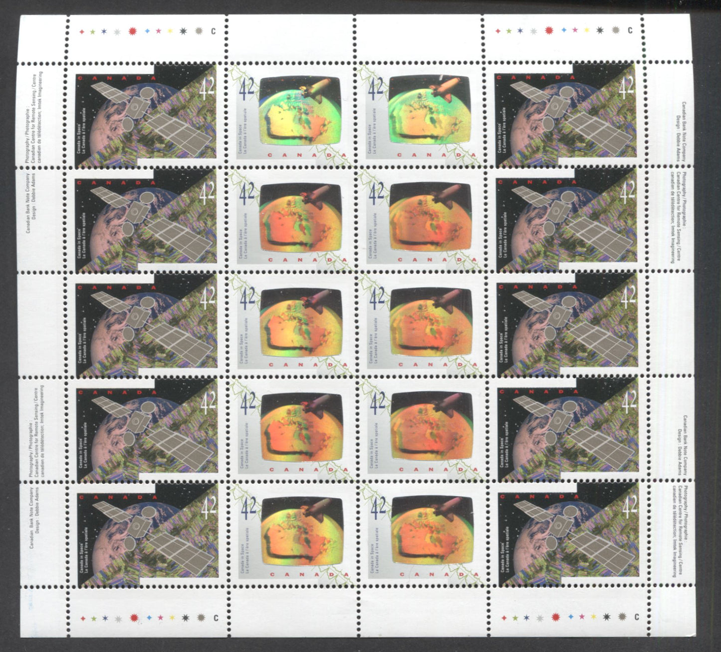 Lot 352 Canada #1441-1442var 42c Multicolored ANIK E2 Satellite - Astronauts' Achievements, 1992 Canada In Space, A VFNH Pane Of 20 With Most Stamps Showing A Quasi-High Orbit Variety