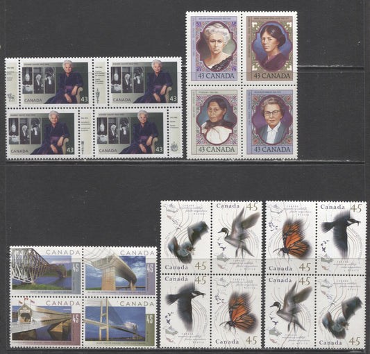 Canada #1509a, 1459a, 1566a, 1567a 43c-45c Multicolored Adelaide Sophia Hoodless-Hoary Bat, 1993-1995 Canadian Women-Bridges, 4 VFNH Se-tenant Blocks Of 4 Includes Inscription On Migratory Birds Issue