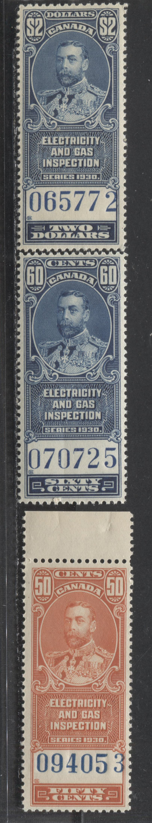 Lot 66 Canada #FEG1, 8, 9 50c, 60c & $2 Vermillion & Blue King George V, 1930 Electricity & Gas Inspection Issue, 3 VFNH Singles With Blue Control Numbers