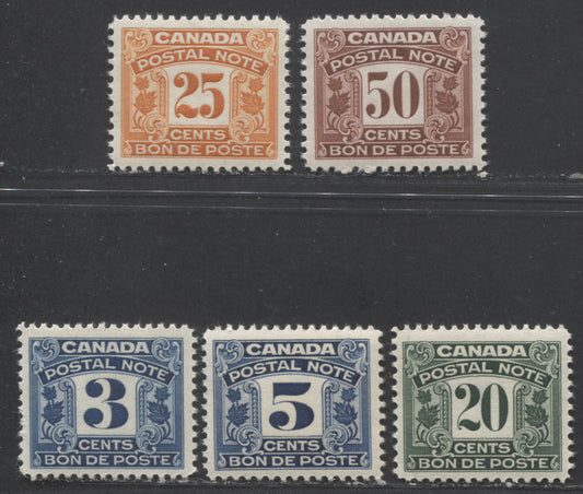 Lot 67 Canada #FPS 5, 7, 13, 14, 17 3c, 5c, 20c, 25c & 50c Blue, Green, Orange & Brown 2 Leafs, 1932-1948 First Postal Note & Scrip Issue, 5 VFNH Singles