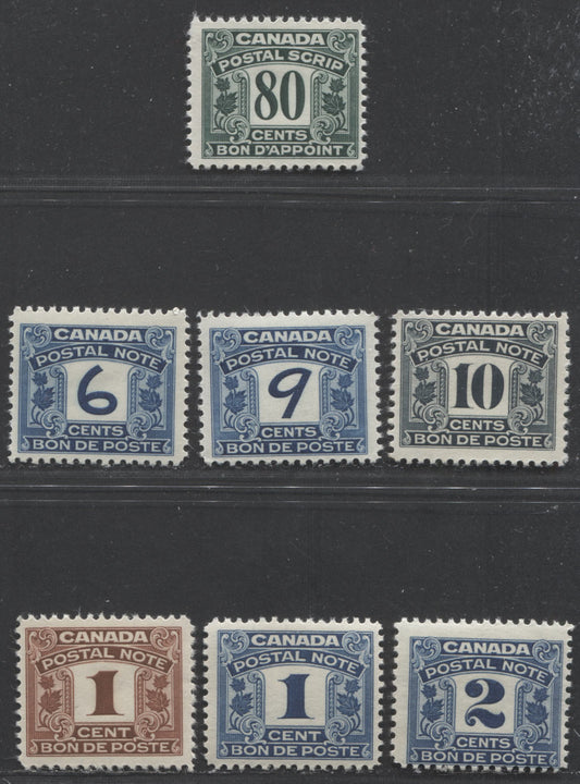 Lot 68 Canada #FPS1-3, 8, 11, 12, 21 1c, 2c, 6c, 9c, 10c & 80c Blue, Black & Green 2 Leafs, 1932-1948 First Postal Note & Scrip Issue, 7 FNH Singles With Cream Gum
