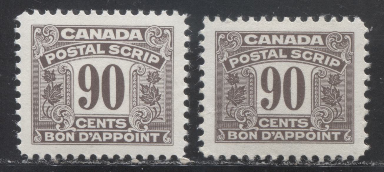 Lot 69 Canada #FPS40, 58 90c Brown 2 Leafs, 1932-1948 Second & Third Postal Note & Scrip Issue, 2 VFNH Singles Showing Both Design Sizes