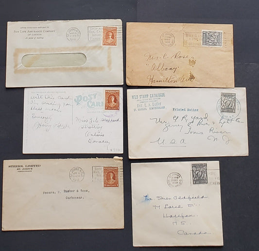 Lot 81 Newfoundland #184, 187 1c & 3c Gray Black & Orange Brown Codfish & Queen Mary 1932-1937 Resources Issue, 6 Commercial Covers Franked With Singles, Cat. Value $6.75