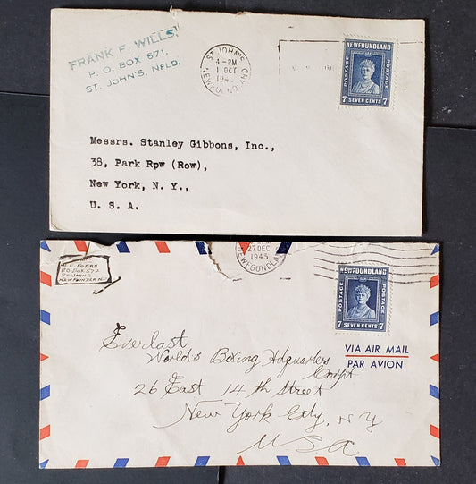 Lot 90 Newfoundland #248, 258 7c Violet Blue Dark Ultramarine & Violet Blue 1938-1944 Royal Family & Second Resource Issues, 2 Commercial Covers Franked With Singles, Cat. Value $25