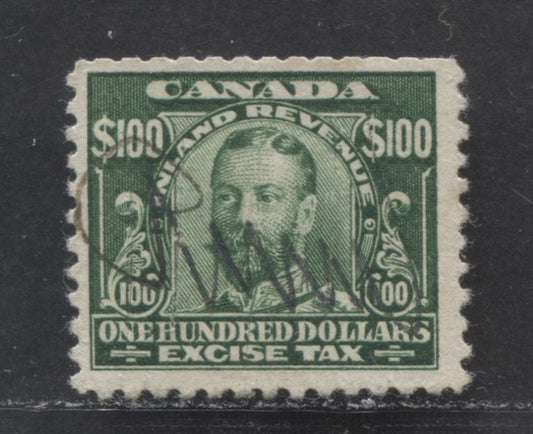 Lot 9 Canada #FX20 $100 Green King George V, 1915-1923 Excise Tax Issue, A Fine Used Single With Cut Cancel & Clipped Perfs