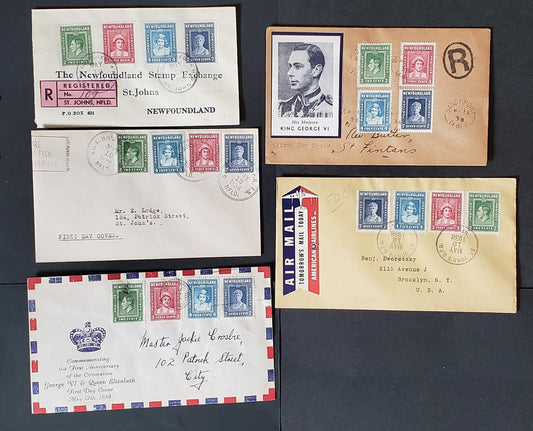 Lot 91 Newfoundland #245-248 2c-7c Green-Dark Ultramarine King George VI - Queen Mary 1938 Royal Family Issue, 5 First Day Covers Franked With Singles, Net Est. Value $35