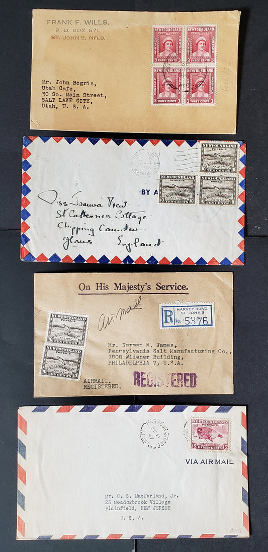 Lot 92 Newfoundland #255, 260, 262 3c/15c Rose Carmine/Pale Rose Violet Queen Elizabeth - Harp Seal Pup 1941-1944 Second Resource Issue, 4 Airmail & Registered Covers Franked With Single, Pair & Blocks, Cat. Value $20