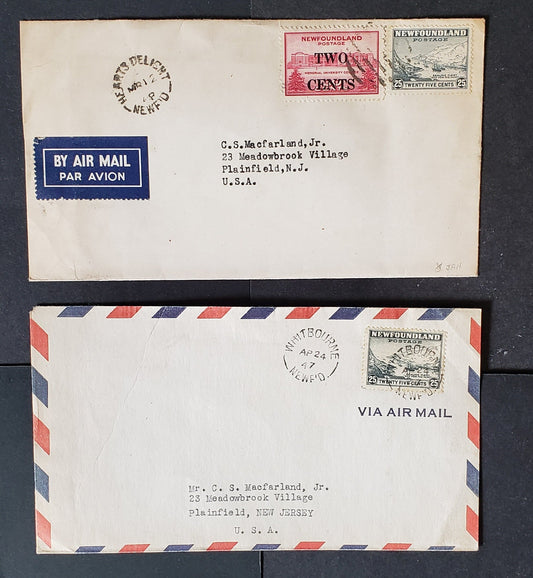 Lot 93 Newfoundland #265, 268 25c & 2c on 30c Slate & Carmine Sealing Fleet & Memorial University 1941-1949 Second Resource & University Issues, 2 Commercial Covers Franked With Singles, Cat. Value $24