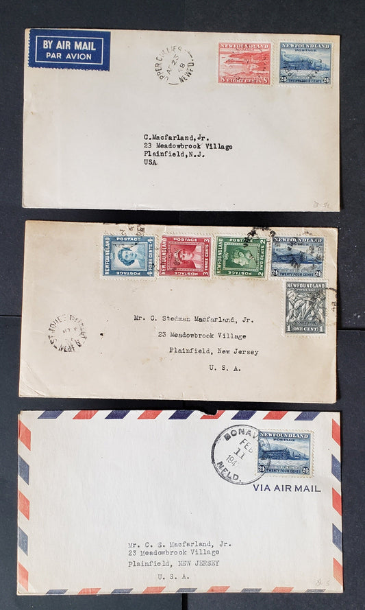 Lot 94 Newfoundland #253-255, 259, 264, 269 1c/21c Dark Gray/Light Blue Codfish/Queen Elizabeth 1941-1949 Second Resources/Birthday Issues, 3 Airmail Covers Franked With Combination Singles, Cat. Value $35
