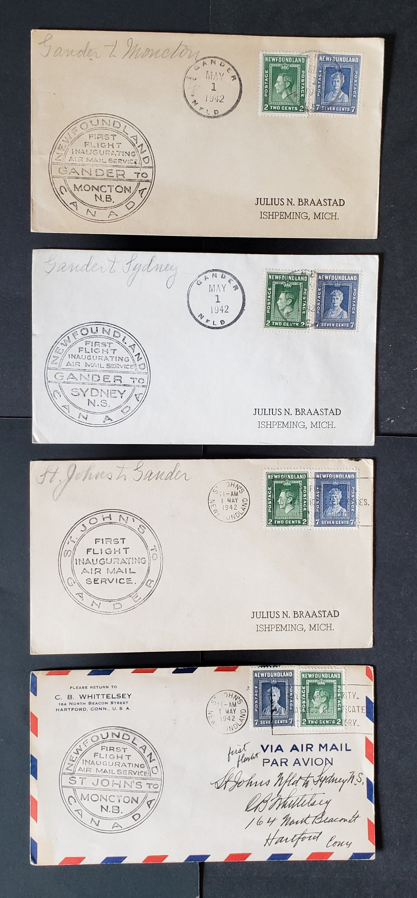 Lot 95 Newfoundland #248, 258 2c & 7c Deep Green & Dark Ultramarine King George VI & Queen Mary 1938-1944 Royal Visit & Second Resource Issues, 4 First Flight Covers Franked With Combination Singles, Cat. Value $20