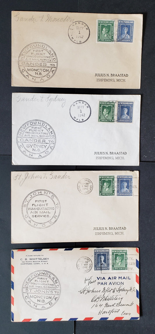 Lot 95 Newfoundland #248, 258 2c & 7c Deep Green & Dark Ultramarine King George VI & Queen Mary 1938-1944 Royal Visit & Second Resource Issues, 4 First Flight Covers Franked With Combination Singles, Cat. Value $20