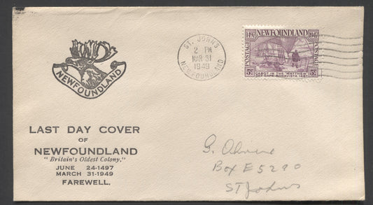 Lot 95A Newfoundland #270 5c Rose Violet Cabot On The Matthew 1947 Cabot Issue, A Last Day Covers With Cachet Franked With Single, With Perforation Guidemark, Cat. Value $5