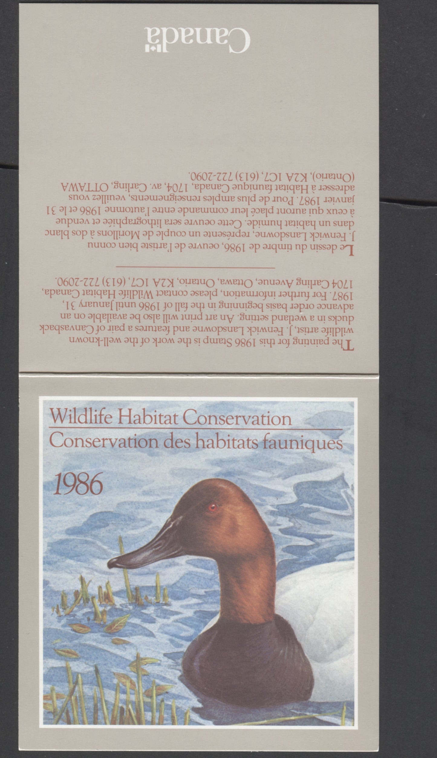 Lot 96 Canada #FWH2 $4 Multicolored Canvasbacks, 1986 Wildlife Conservation And Hunting Stamps, A VFNH Booklet Pane Of 1