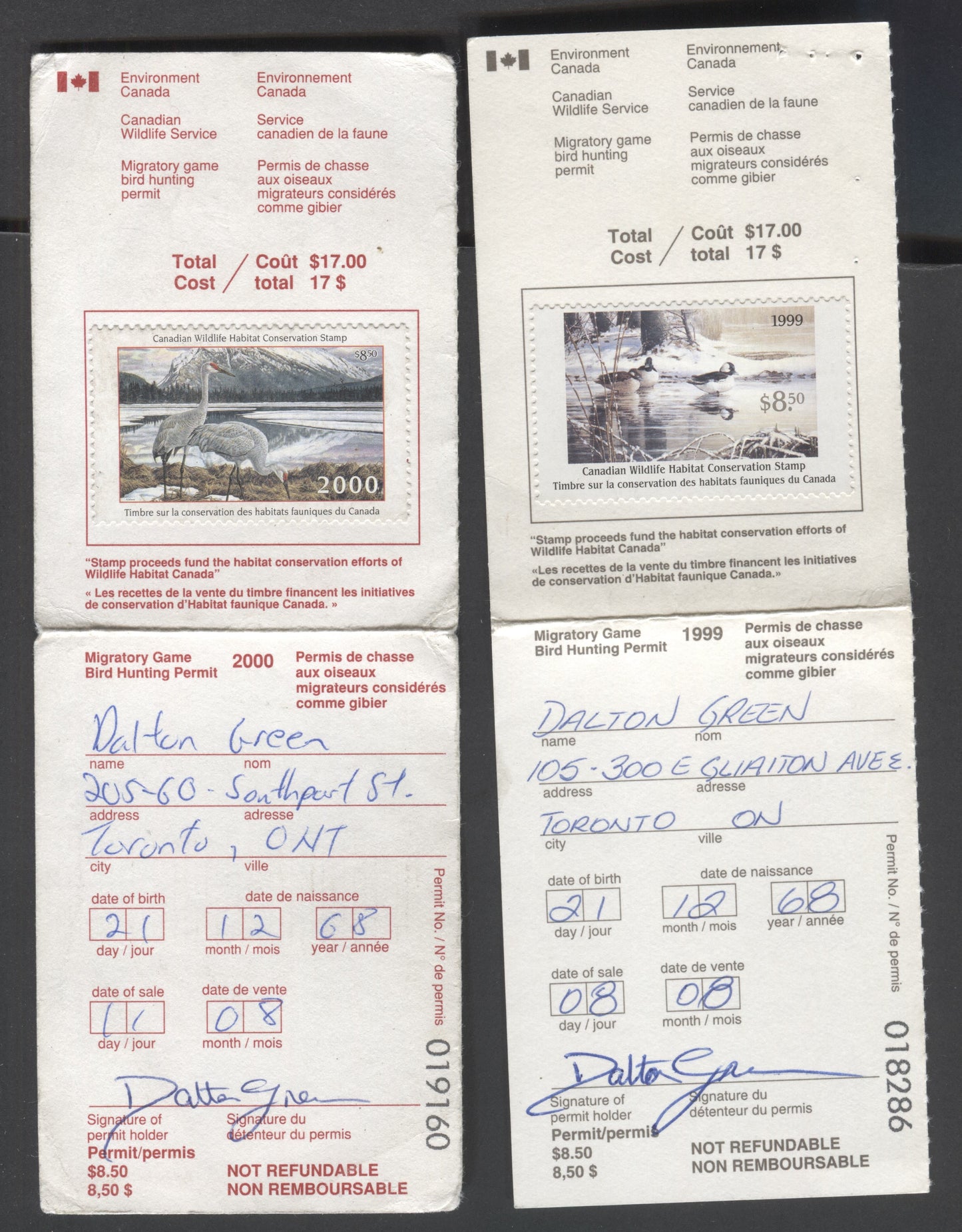 Lot 98 Canada #FWH15-16 $8.50 Multicolored Buffleheads & Sandhill Cranes, 1999-2000 Wildlife Conservation And Hunting Stamps, 2 Licenses With Stamps From The Same Hunter, Slight Wear