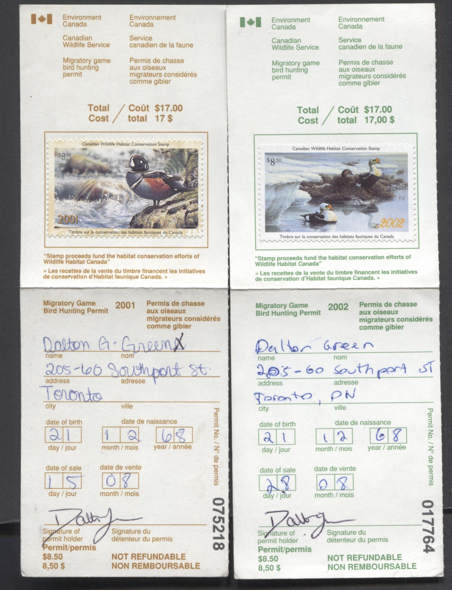Lot 99 Canada #FWH17-18 $8.50 Multicolored Harlequin Duck - Elder Ducks, 2001-2002 Wildlife Conservation And Hunting Stamps, 2 Licenses With Stamps From The Same Hunter