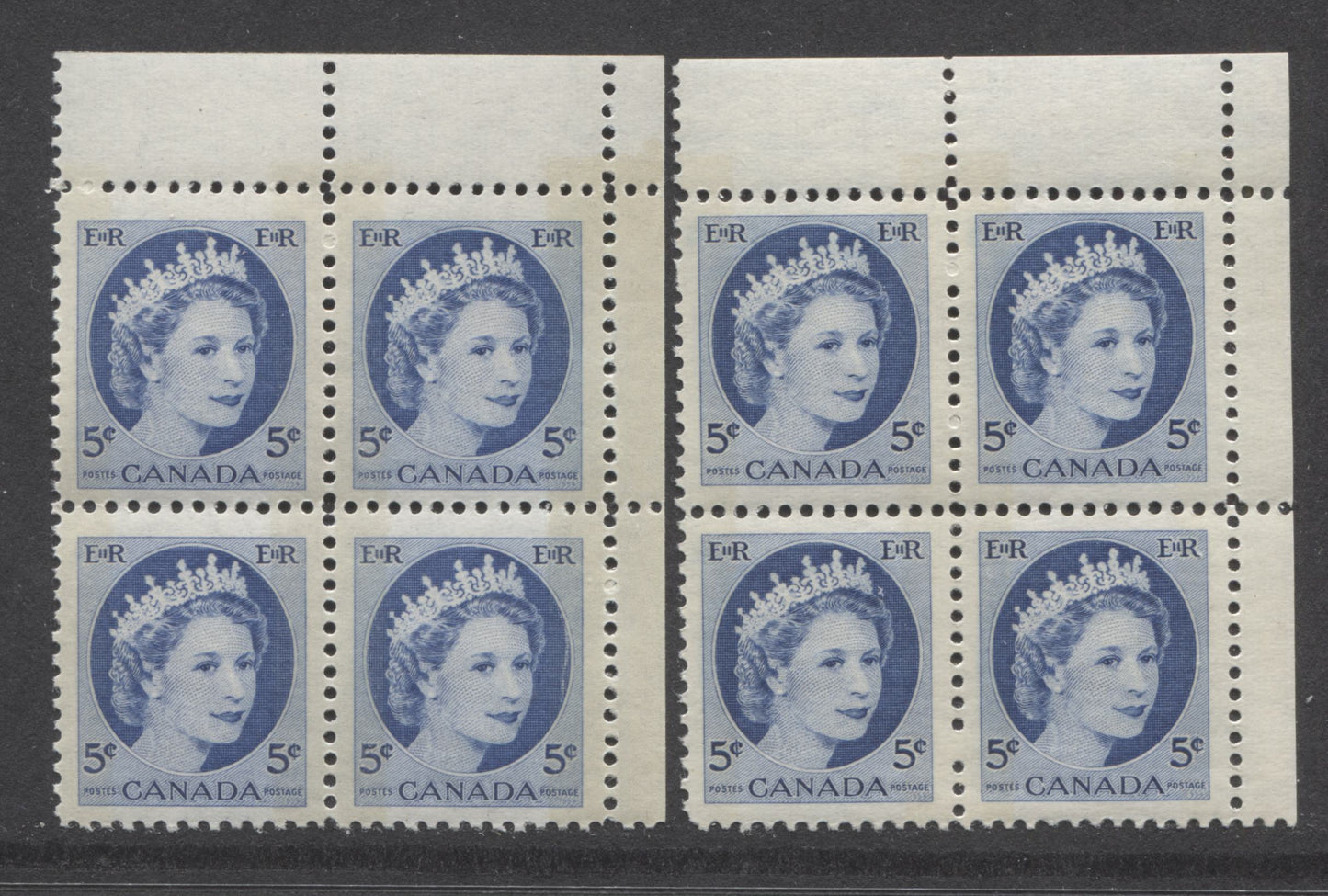 Lot 38 Canada #341p 5c Bright Blue Queen Elizabeth II, 1954 Wilding Definitives, 2 VFNH UR Blank Blocks Of 4 With Two Different Shades & Tagging Intensities, DF Smooth On Front & Lightly Ribbed On Back