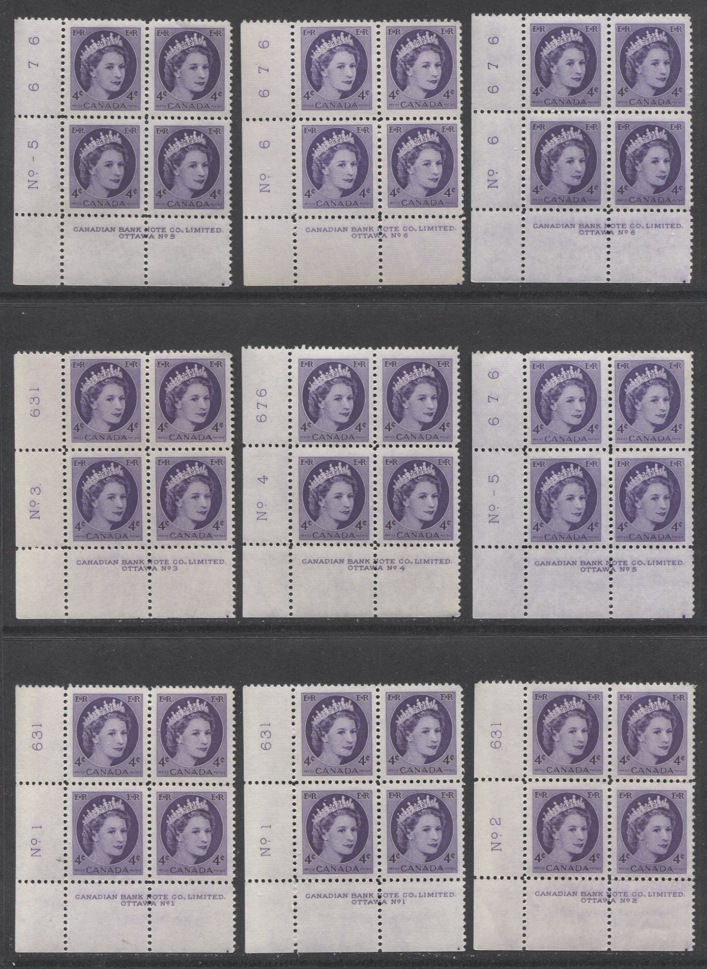 Lot 28 Canada #340 4c Violet Queen Elizabeth II, 1954 Wilding Definitives, 16 F/VFNH LL Plates 1-9 Blocks Of 4 With Different DF Papers