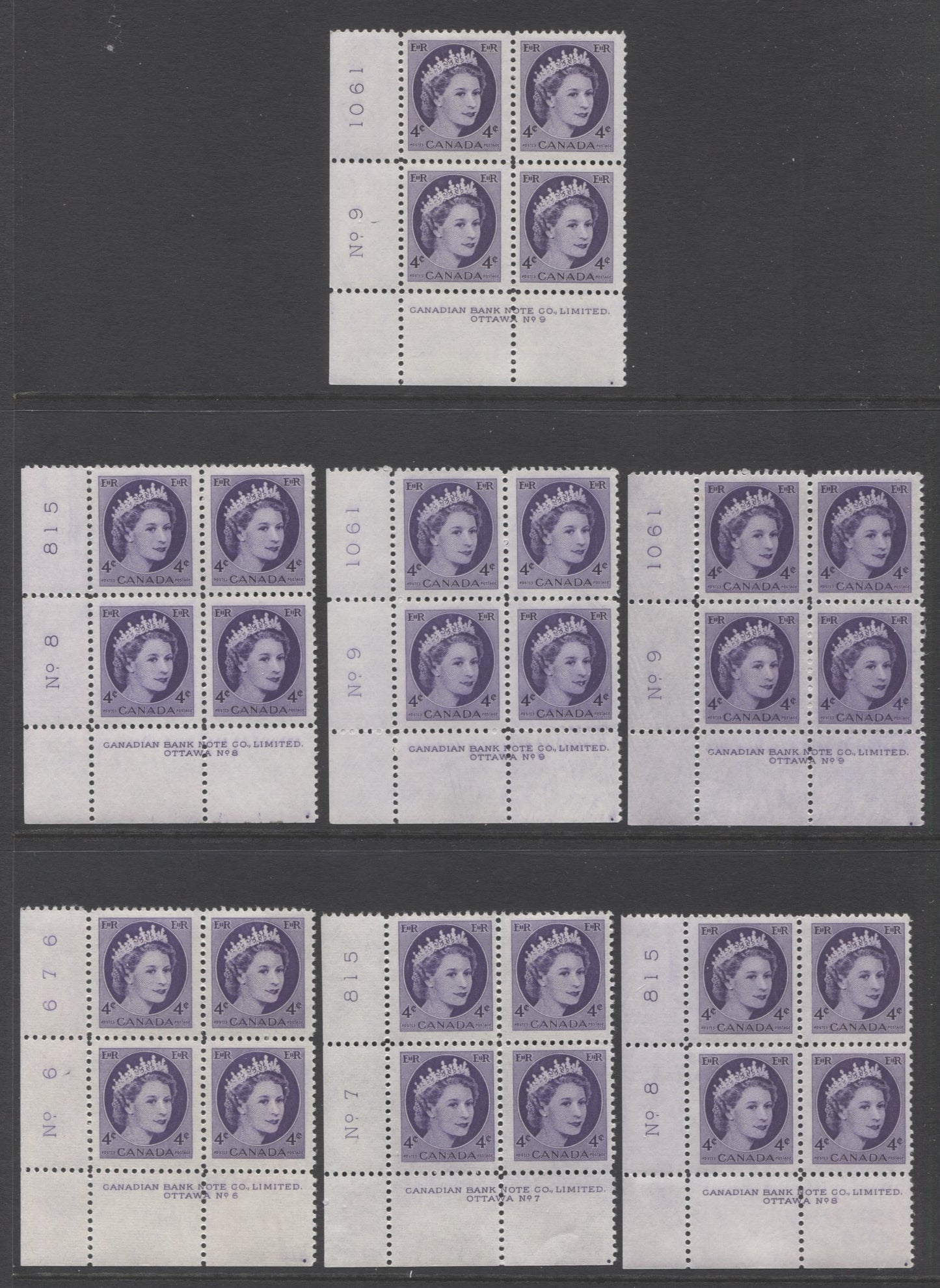 Lot 28 Canada #340 4c Violet Queen Elizabeth II, 1954 Wilding Definitives, 16 F/VFNH LL Plates 1-9 Blocks Of 4 With Different DF Papers