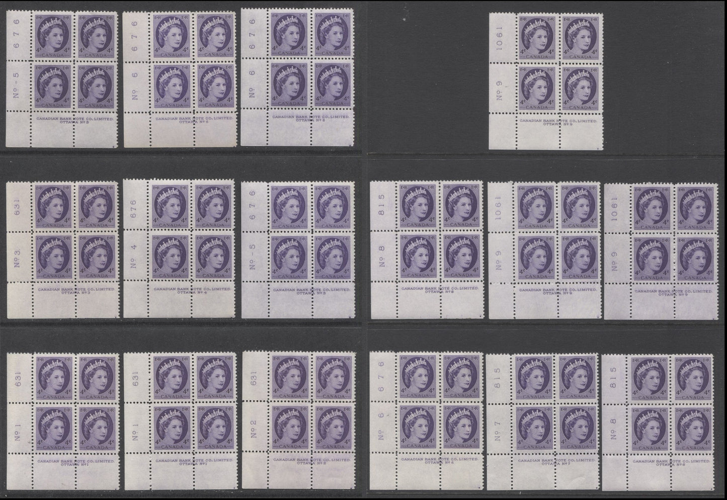 Lot 28 Canada #340 4c Violet Queen Elizabeth II, 1954 Wilding Definitives, 16 F/VFNH LL Plates 1-9 Blocks Of 4 With Different DF Papers