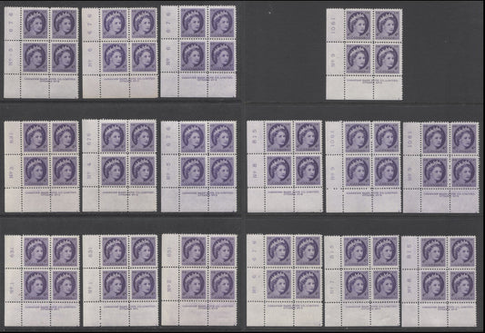 Lot 28 Canada #340 4c Violet Queen Elizabeth II, 1954 Wilding Definitives, 16 F/VFNH LL Plates 1-9 Blocks Of 4 With Different DF Papers