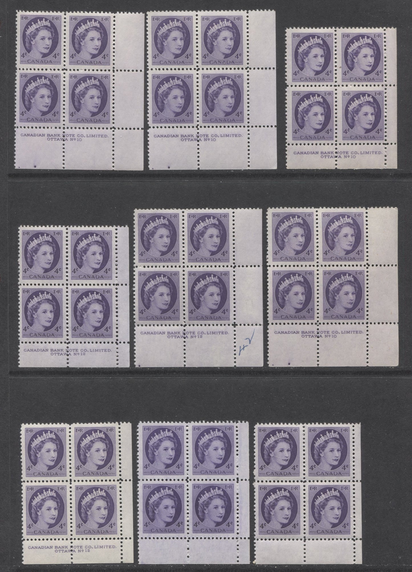 Lot 24 Canada #340 4c Violet Queen Elizabeth II, 1954 Wilding Definitives, 11 F/VFNH LR Plates 10-12 & Blank Blocks Of 4 With Different DF Papers & Plate Dots In Selvedge