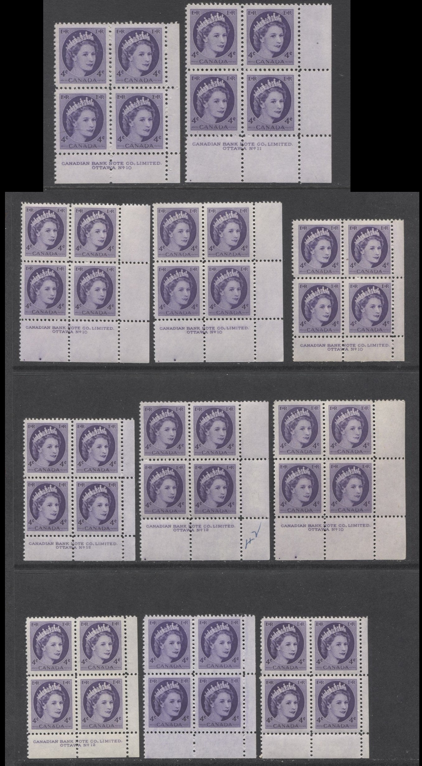 Lot 24 Canada #340 4c Violet Queen Elizabeth II, 1954 Wilding Definitives, 11 F/VFNH LR Plates 10-12 & Blank Blocks Of 4 With Different DF Papers & Plate Dots In Selvedge