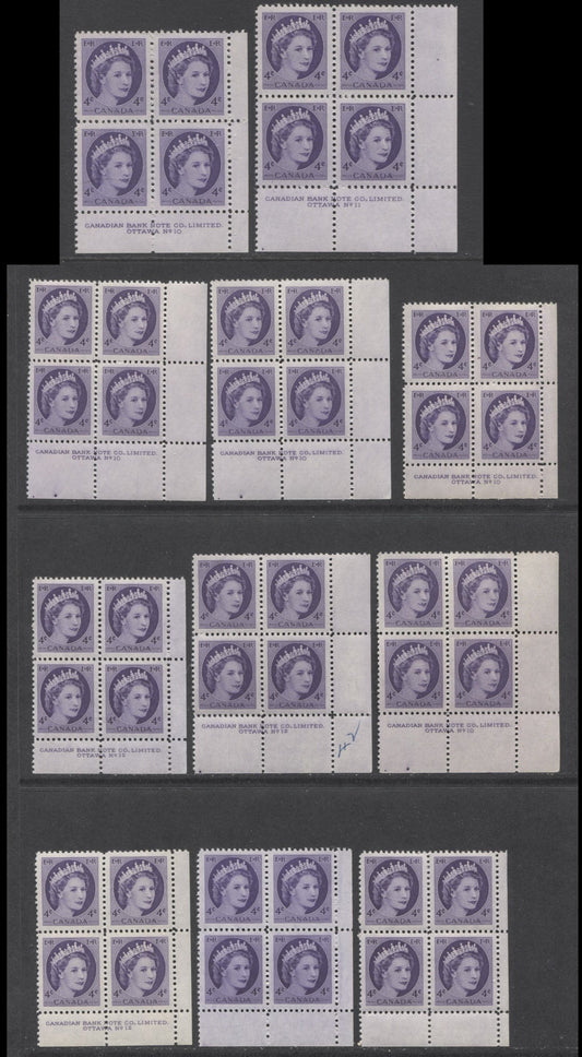 Lot 24 Canada #340 4c Violet Queen Elizabeth II, 1954 Wilding Definitives, 11 F/VFNH LR Plates 10-12 & Blank Blocks Of 4 With Different DF Papers & Plate Dots In Selvedge