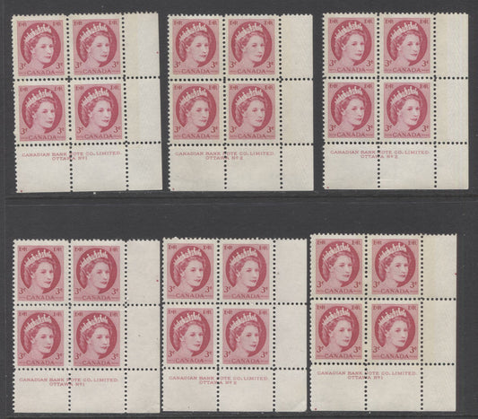 Lot 26 Canada #339, 339p 3c Carmine Rose Queen Elizabeth II, 1954 Wilding Definitives, 6 VFNH LR Plates 1-2 Tagged & Untagged Blocks Of 4 With Different Papers