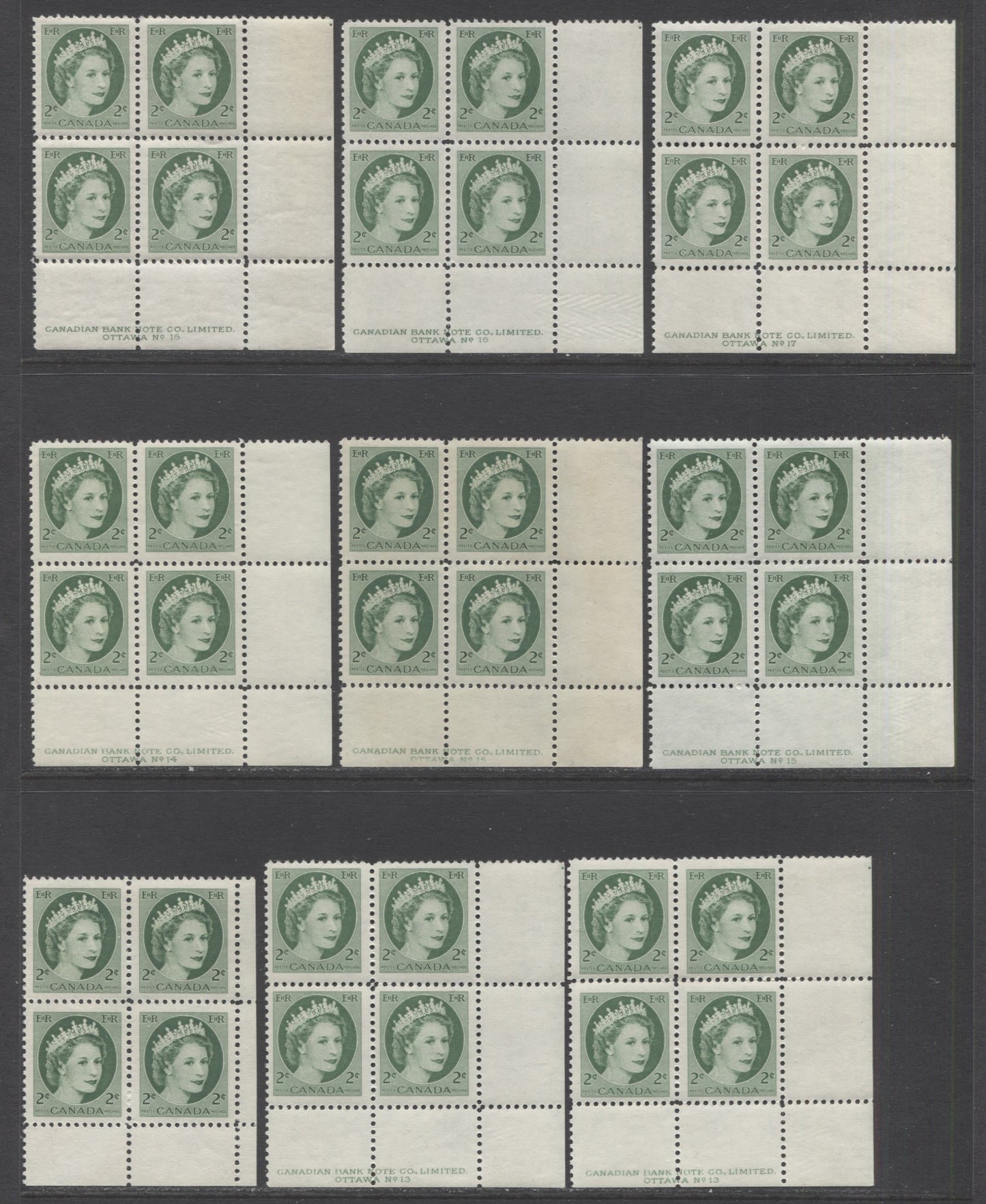 Lot 27 Canada #338iv 2c Green Queen Elizabeth, 1954 Wilding Definitives, 12 F/VFNH LR Plates 13-20 & Blank Blocks Of 4 With Various NF Papers & Shades