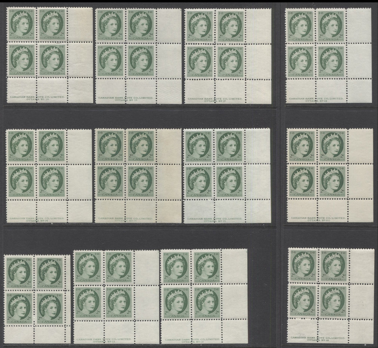 Lot 27 Canada #338iv 2c Green Queen Elizabeth, 1954 Wilding Definitives, 12 F/VFNH LR Plates 13-20 & Blank Blocks Of 4 With Various NF Papers & Shades