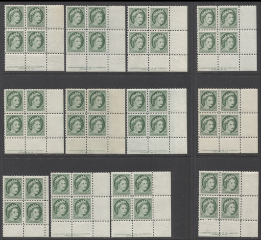 Lot 27 Canada #338iv 2c Green Queen Elizabeth, 1954 Wilding Definitives, 12 F/VFNH LR Plates 13-20 & Blank Blocks Of 4 With Various NF Papers & Shades