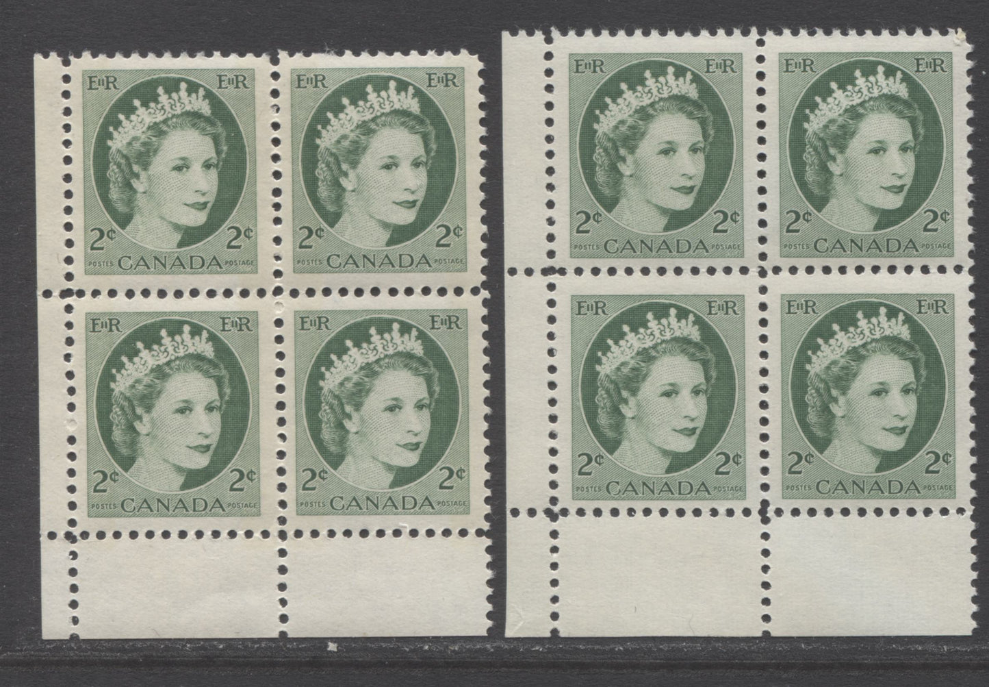 Lot 24 (C) Canada #338p 2c Green Queen Elizabeth, 1954 Wilding Definitives, 2 VFNH LL Blank Blocks Of 4 With Different Shades & Tagging Intensities