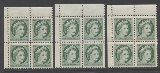 Lot 25 (C) Canada #338p 2c Green Queen Elizabeth, 1954 Wilding Definitives, 3 VFNH UL Blank Blocks Of 4 With Different Shades & Tagging Intensities