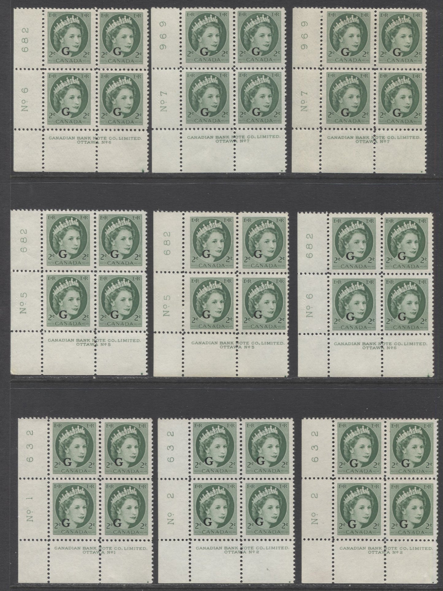 Canada #O41 2c Green Queen Elizabeth, 1954 Wilding G Overprinted Issue, 11 F/VFNH LL Plates 1,2, 5-8 Blocks Of 4 On DF Ribbed Papers With Slightly Different Shades